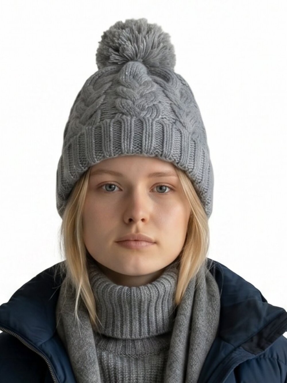 Gray Fleece-Lined Cable Knit Winter Beanie with Pom Pom